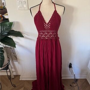 Burgundy Halter crochet Maxi Dress size L